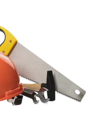 construction tools with helmet hammer drill and saw